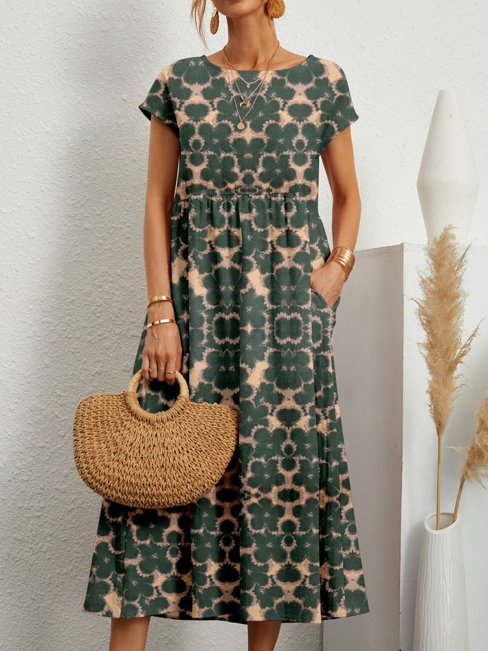 Women's Short Sleeve Summer Yellow Floral Split Joint Crew Neck Daily Going Out Vintage Maxi A-Line Tank Dress