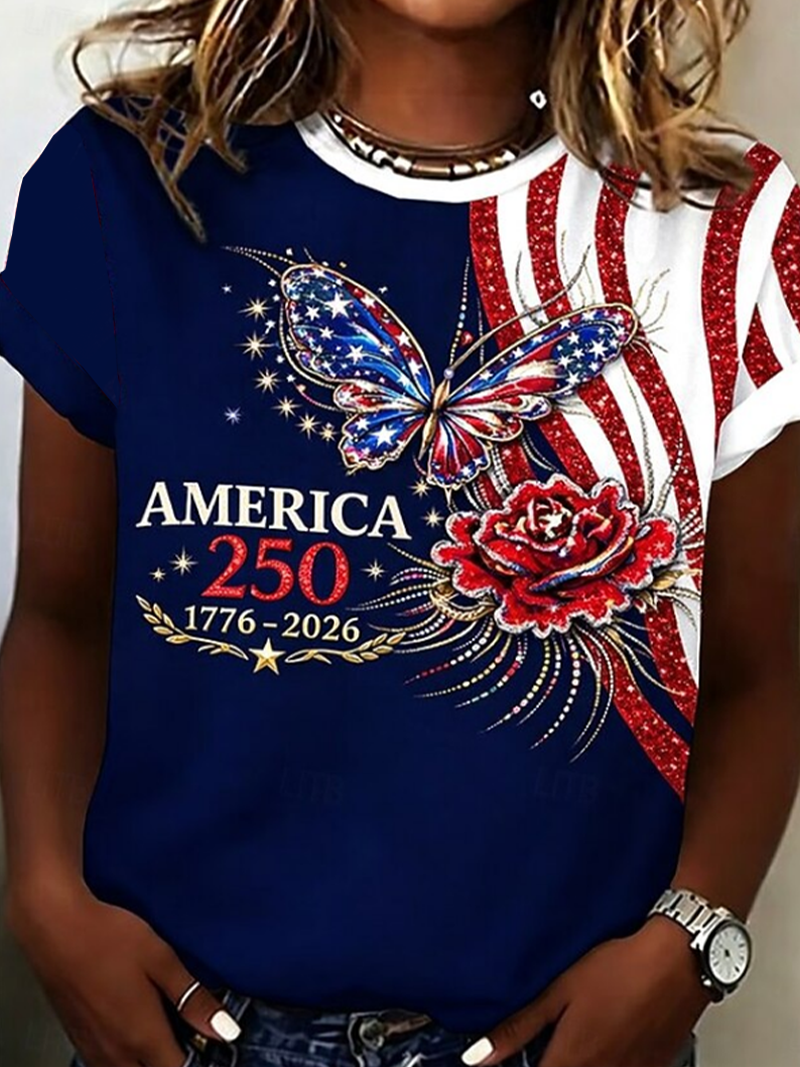Women's Short Sleeve T-shirt Summer Purplish Blue Floral Printing Jersey Crew Neck Daily Going Out Casual Top