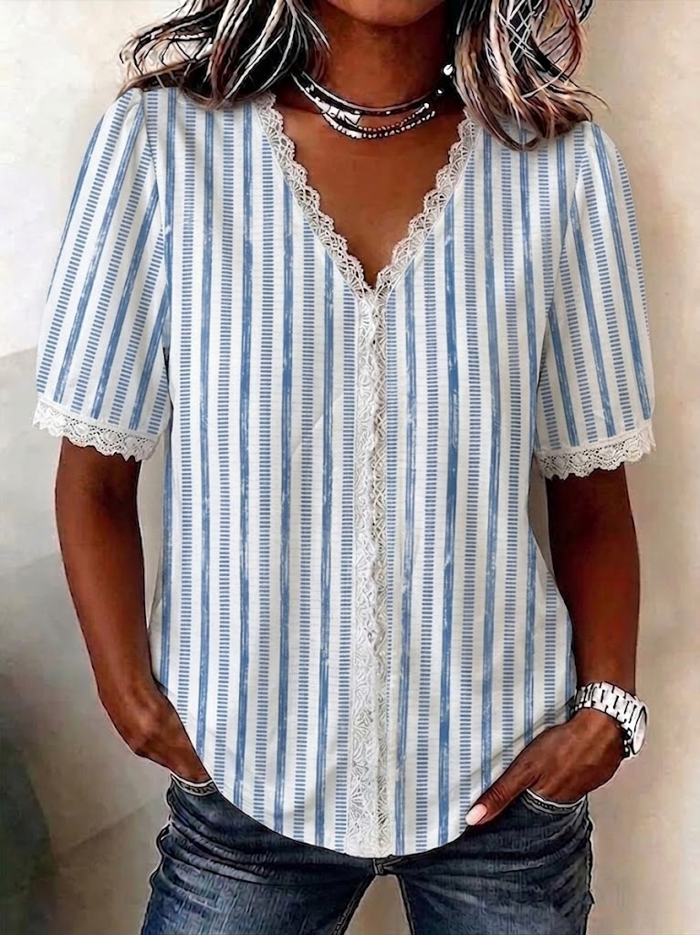 Casual V Neck Regular Fit Striped Blouse