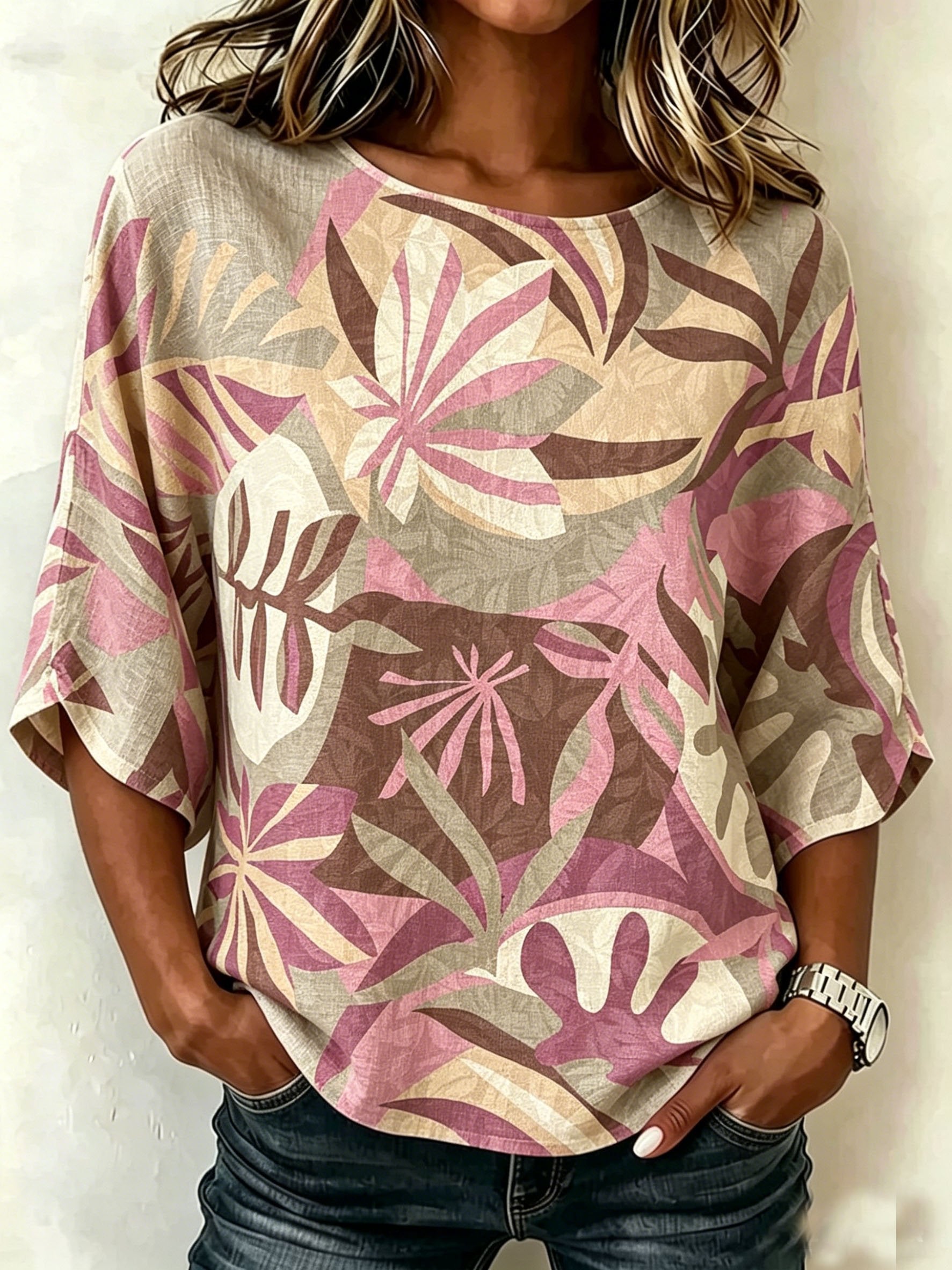 Cotton And Linen Pink Floral Vintage Loose Casual Top