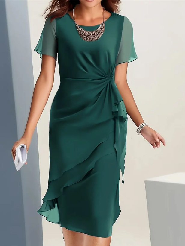 Plain Regular Fit Crew Neck Elegant Dress With No