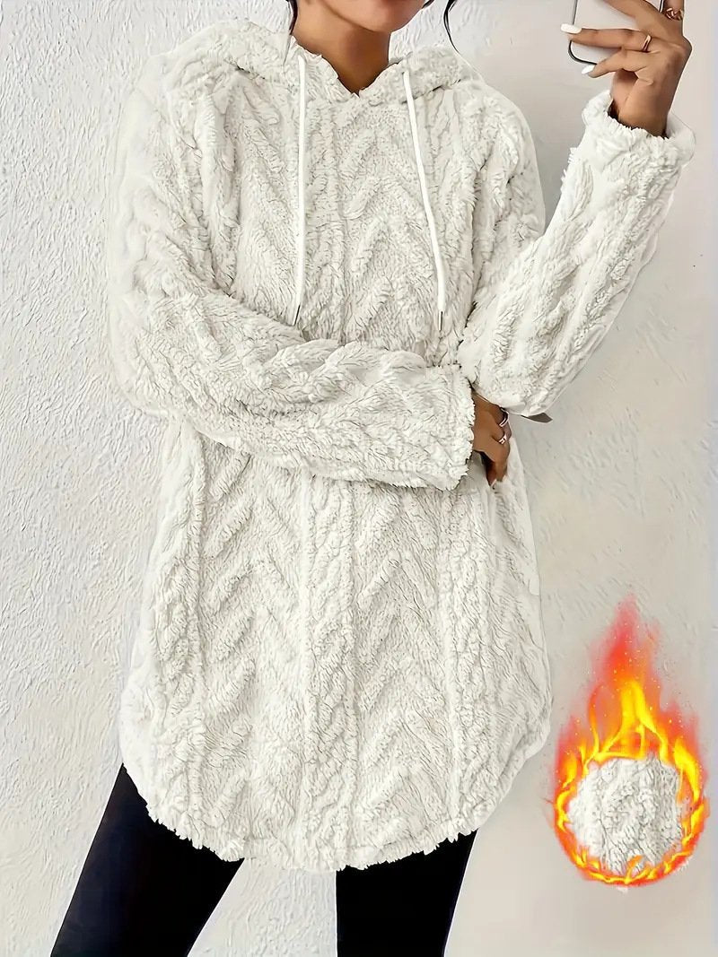 Women's Solid Color Hooded Long-Sleeved Plush Mid-Length Sweatshirt