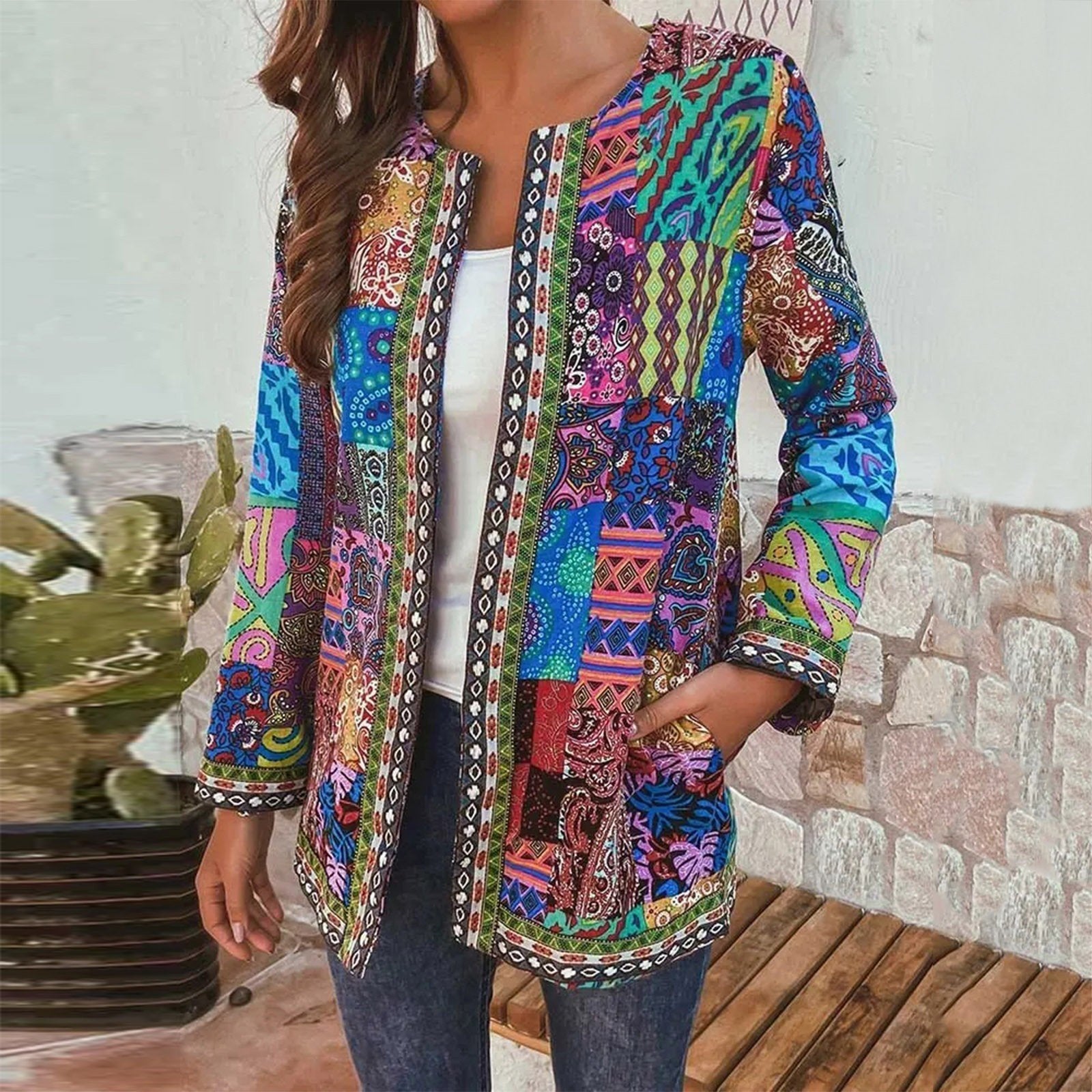 Women Casual Floral Spring/Fall Zipper Natural Loose Regular Jackets