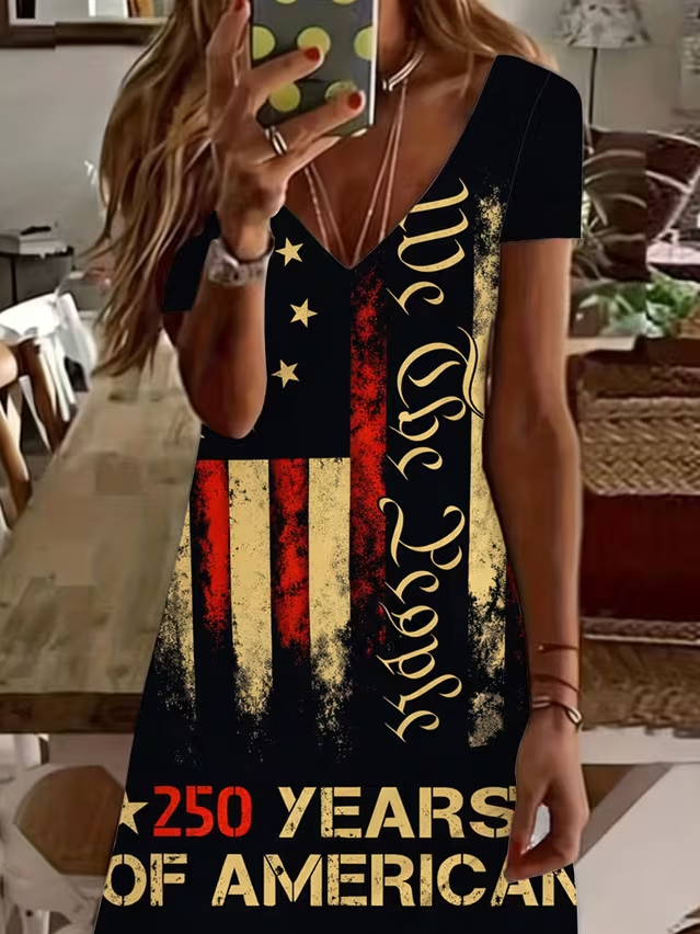 Women's Short Sleeve Summer Black America Flag V Neck Daily Going Out Casual Midi A-Line Fit & Flare Dress Dress