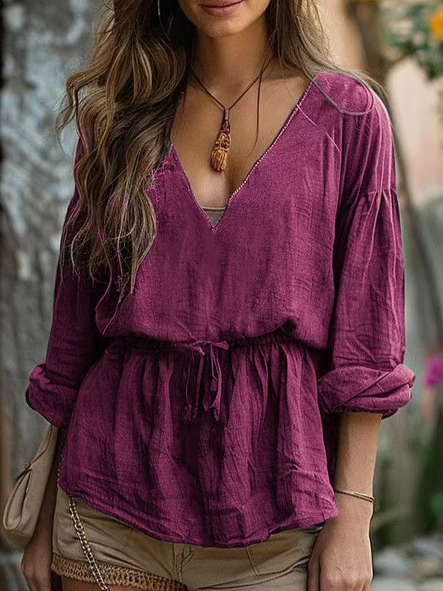Casual Plain V Neck Blouse