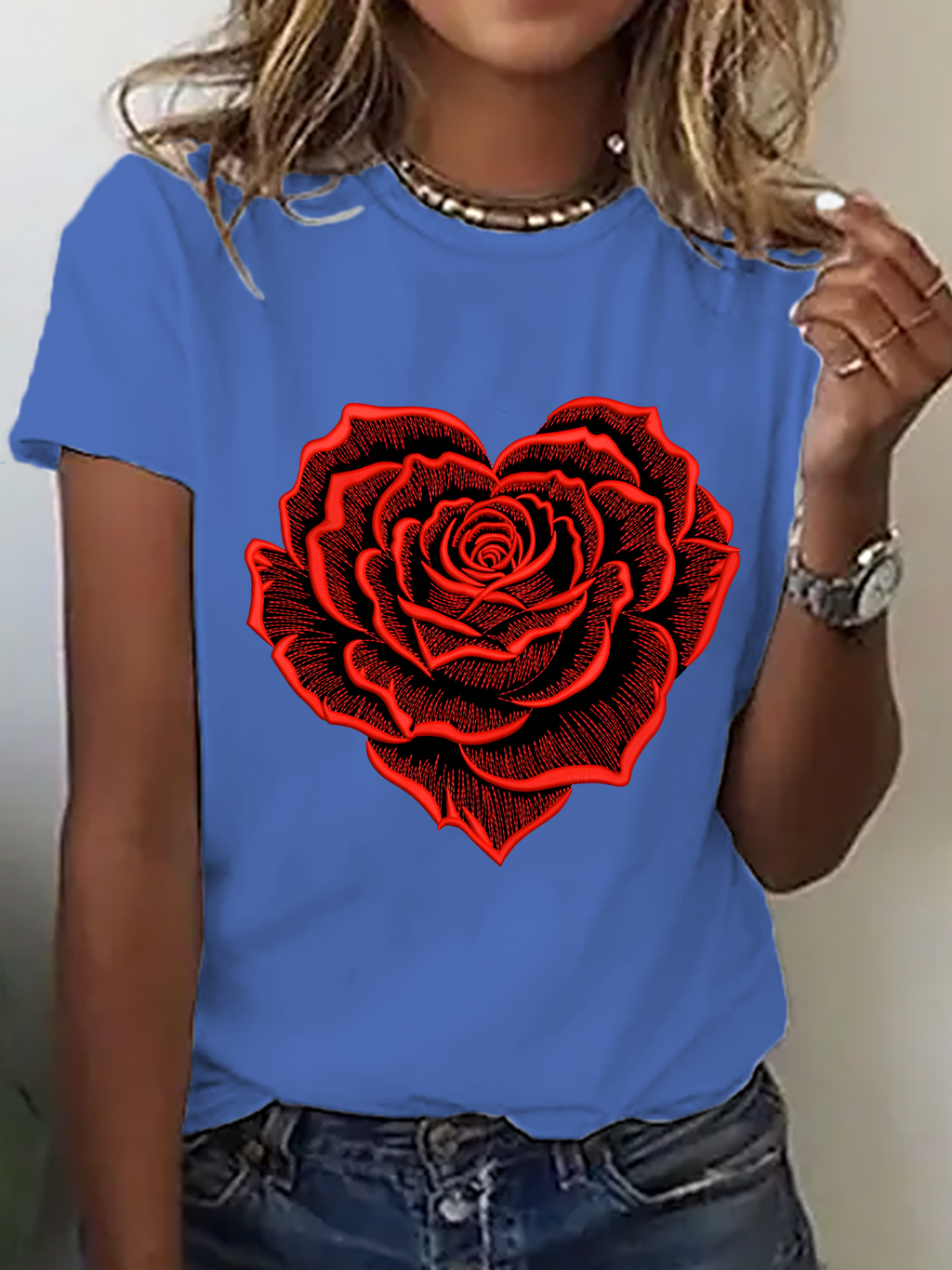 Heart-Shaped Rose Print Cotton T-Shirt