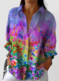 Vintage Leaf Long Sleeve Shawl Collar Loose Going Out/Vacation Shirt