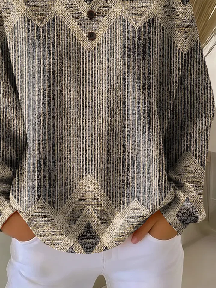 Women's Abstract Print Button-Up Casual Waffle Knit Sweatshirt