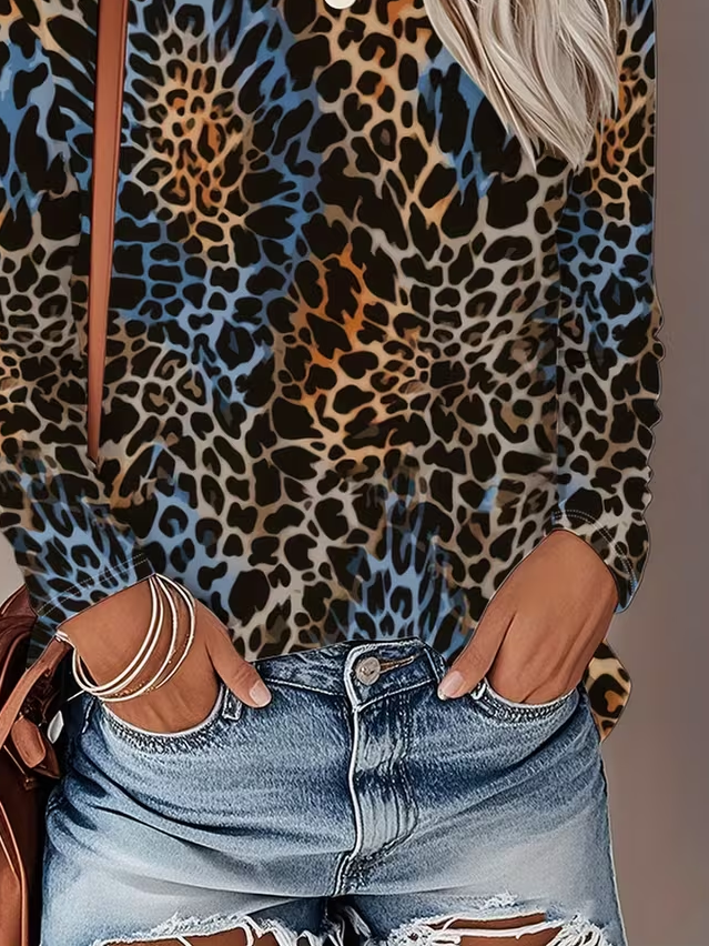 Women's Long Sleeve T-shirt Spring/Fall Brown Leopard Printing Jersey Crew Neck Daily Going Out Casual Top