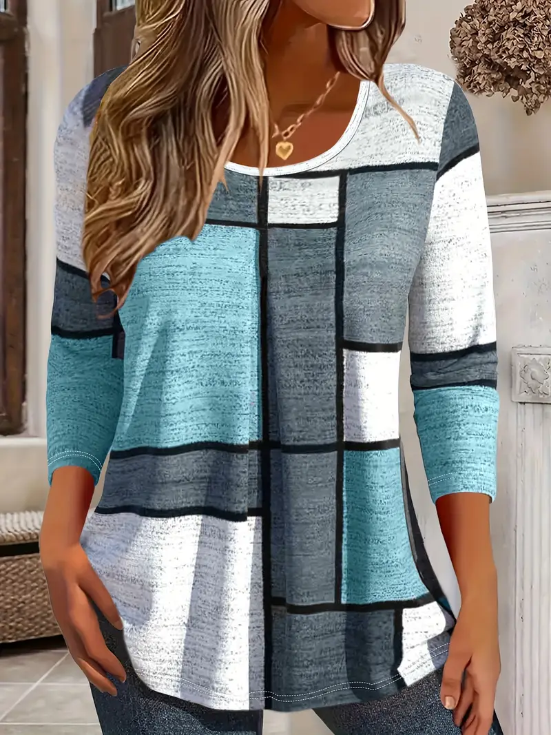 Women's Long Sleeve T-shirt Spring/Fall Purple Plaid Printing Jersey Crew Neck Daily Going Out Casual Top