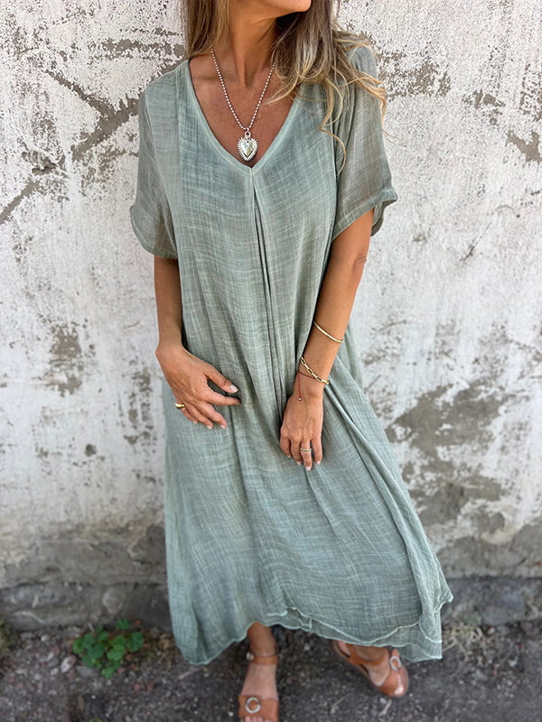 Casual Plain V Neck Midi Dress