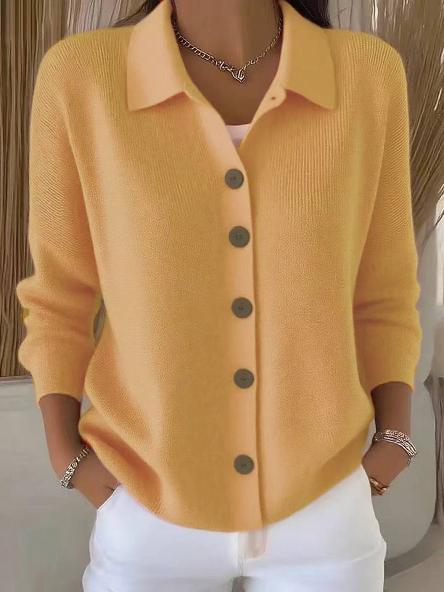 Casual Plain Buttoned Shirt Collar Cardigan