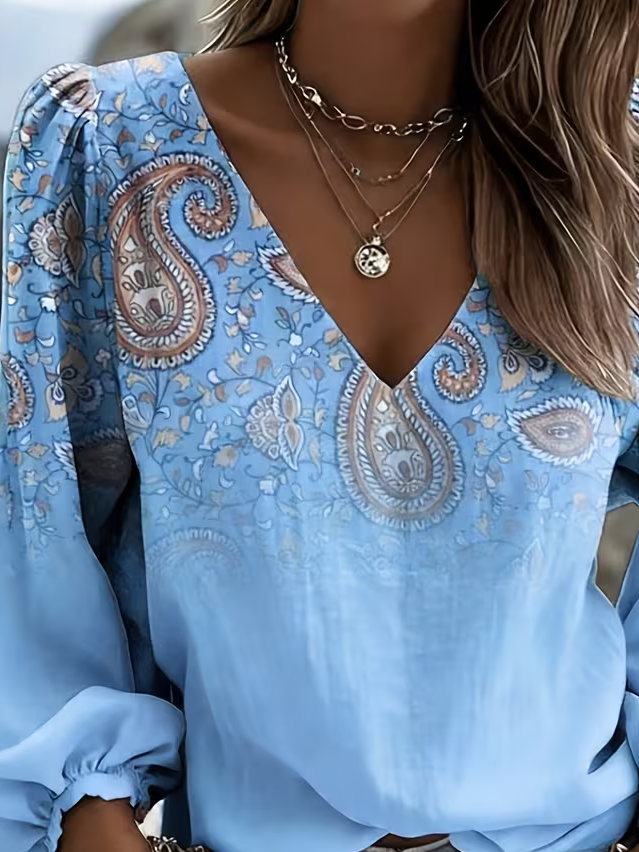 Women's Long Sleeve Blouse Spring/Fall Blue Floral Printing V Neck Daily Going Out Casual Top