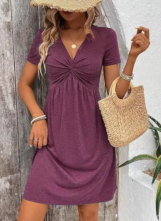 Regular Fit V Neck Cotton Casual Dress With No