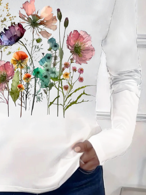 Women's Spring Floral Print Casual Round Neck Long Sleeve T-Shirt