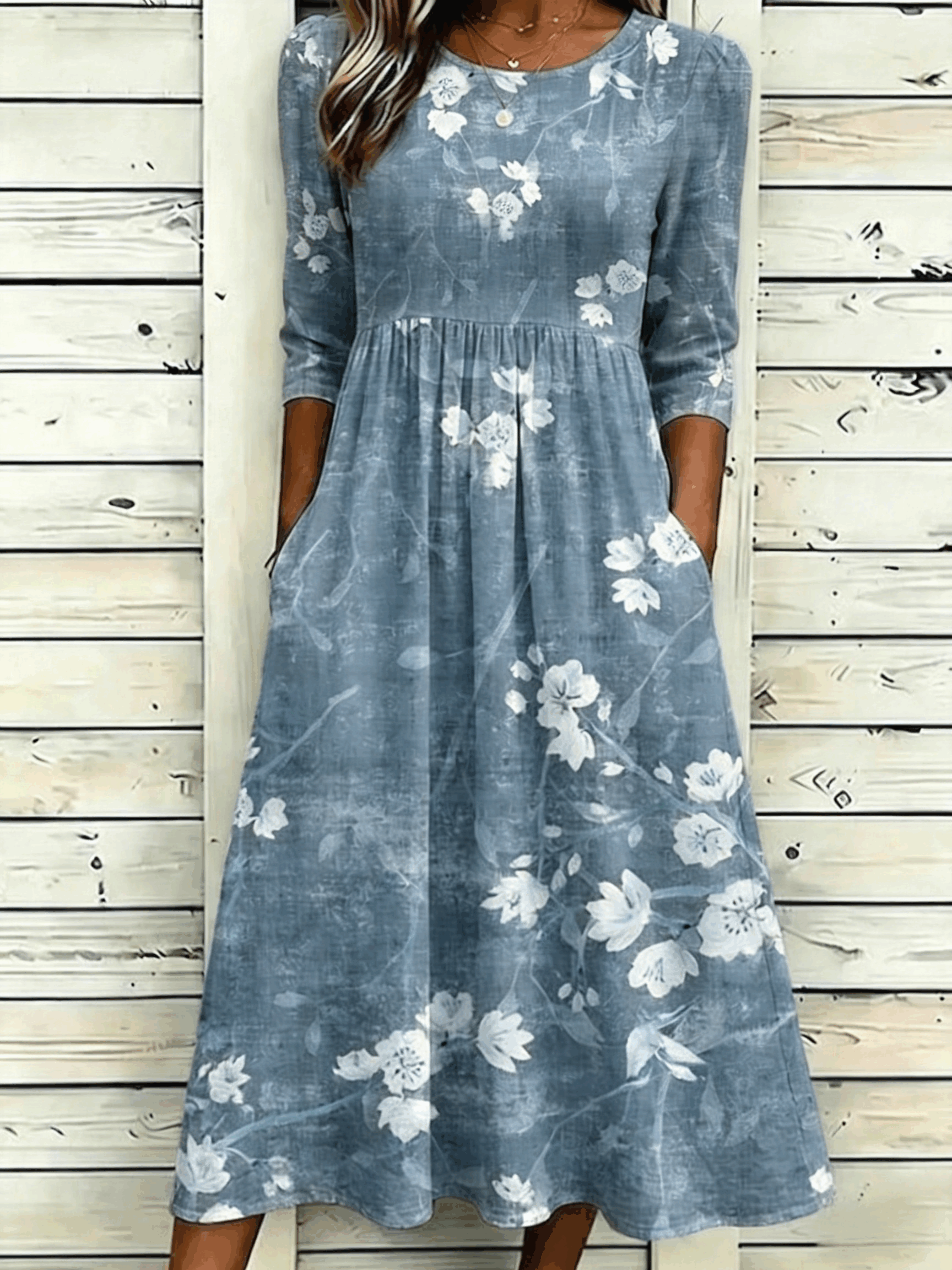 Branch Floral Print Round Neck 3/4 Sleeve A-Line Midi Dress
