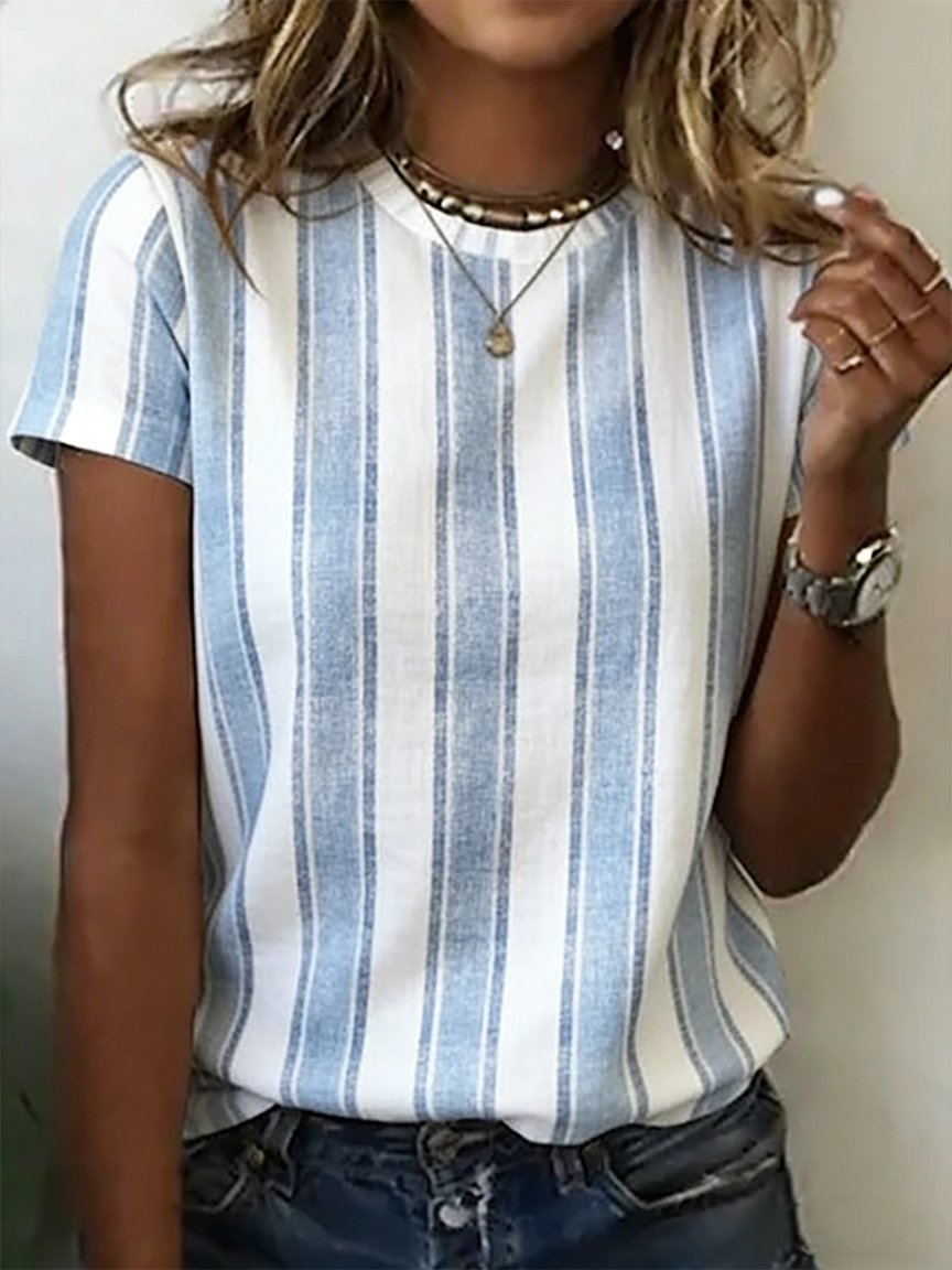 Brushstroke Stripe Print Crew Neck Short Sleeve Casual T-Shirt