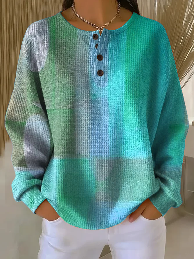 Women's Abstract Print Button-Up Casual Waffle Knit Sweatshirt