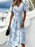 Floral Printed V Neck Short Sleeve Summer Casual Maxi Dress
