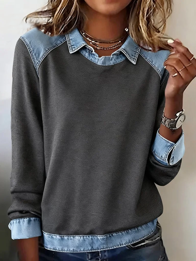 Women'S Casual Lapel Denim Stitching Pullover Sweatshirt