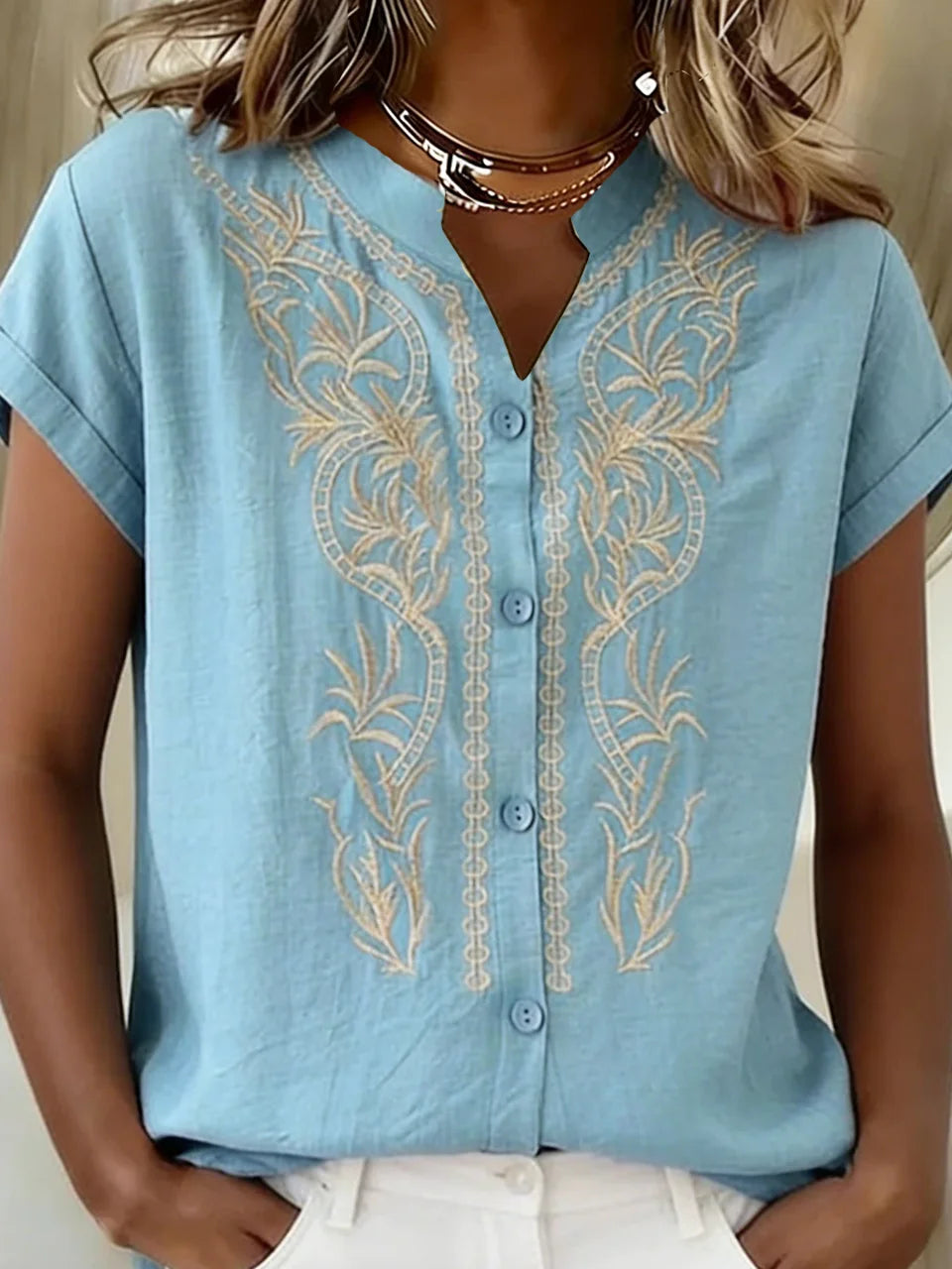 Women's V-Neck Button-Down Printed Short-Sleeve Shirt