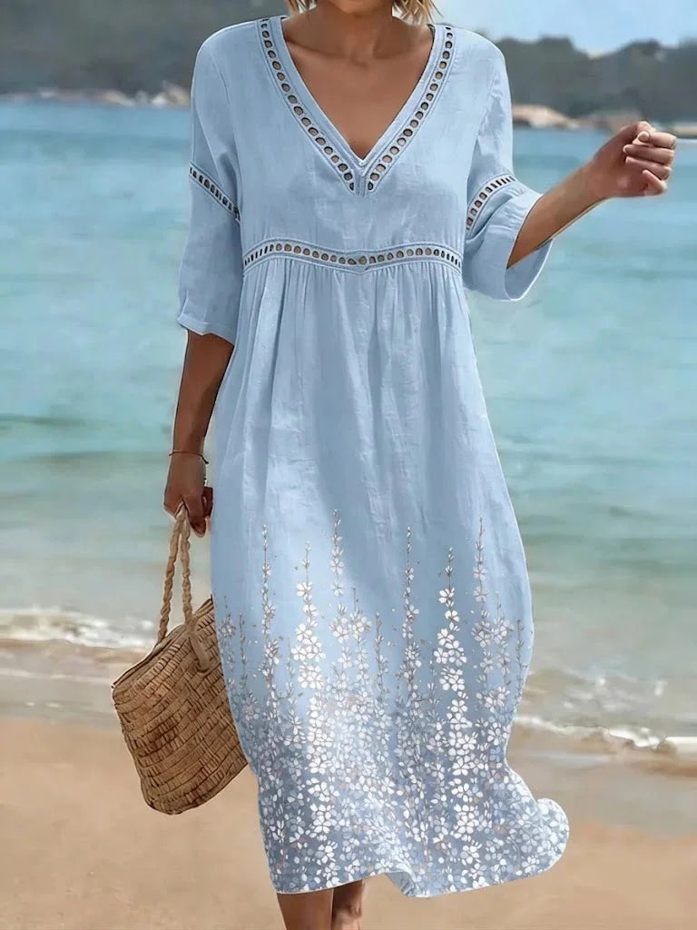 Cotton Blend Blue Border Floral Printed V Neck Short Sleeve Lace Summer Going Out Elegant Casual Dress