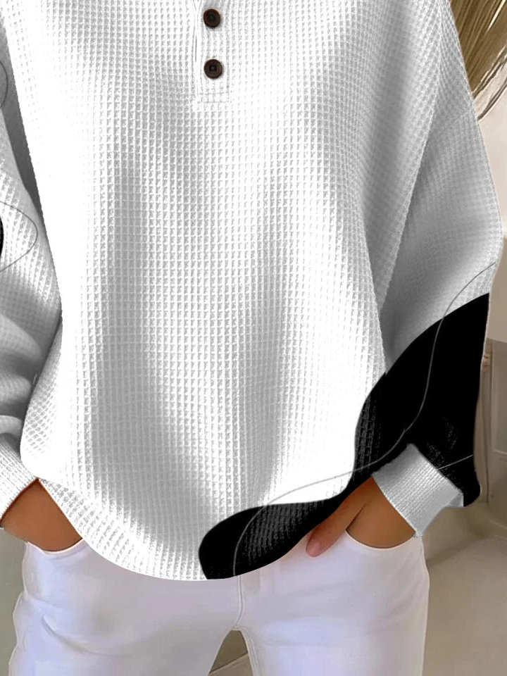 Women's Abstract Print Button-Up Casual Waffle Knit Sweatshirt