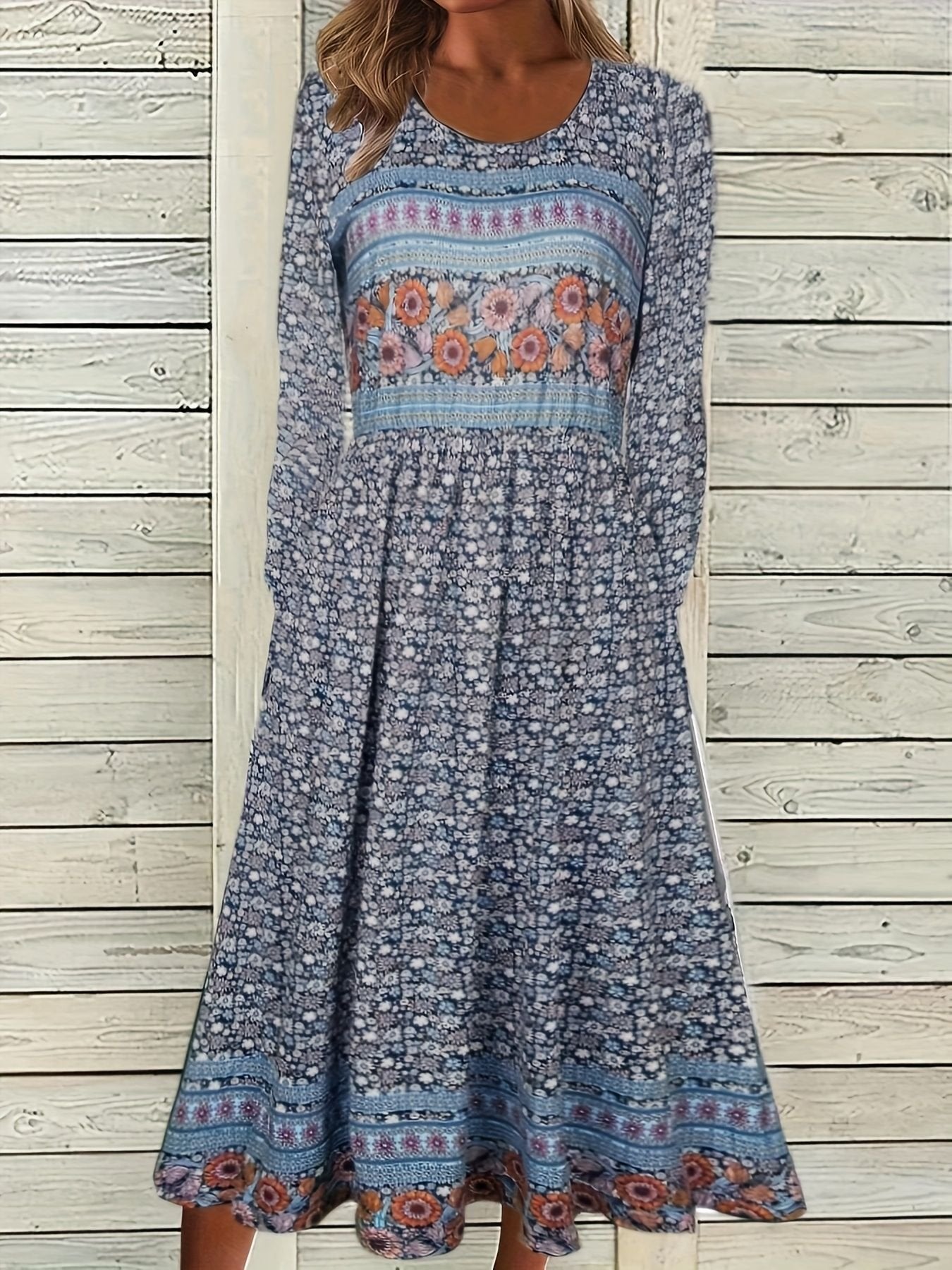Floral Vintage Loose Crew Neck Dress With No