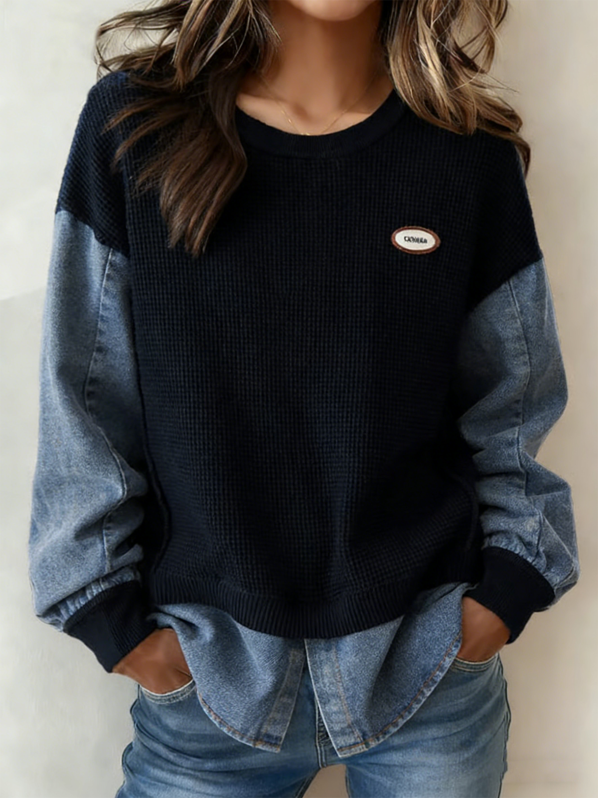 Stylish Two-Piece Look Denim And Knit Patchwork Sweatshirt