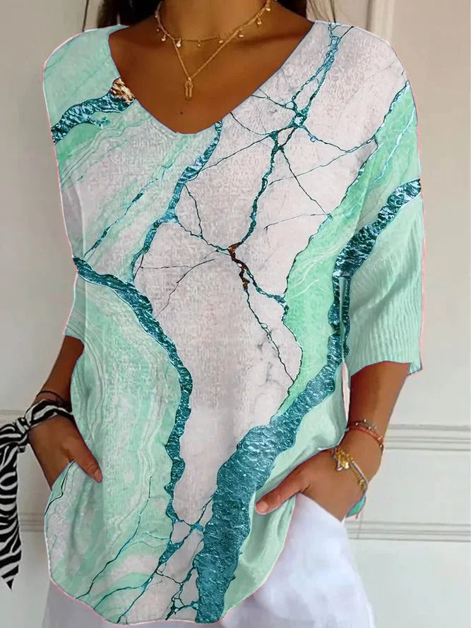 Women's Three Quarter Sleeve T-shirt Spring/Fall Pink Abstract Printing V Neck Daily Going Out Casual Top