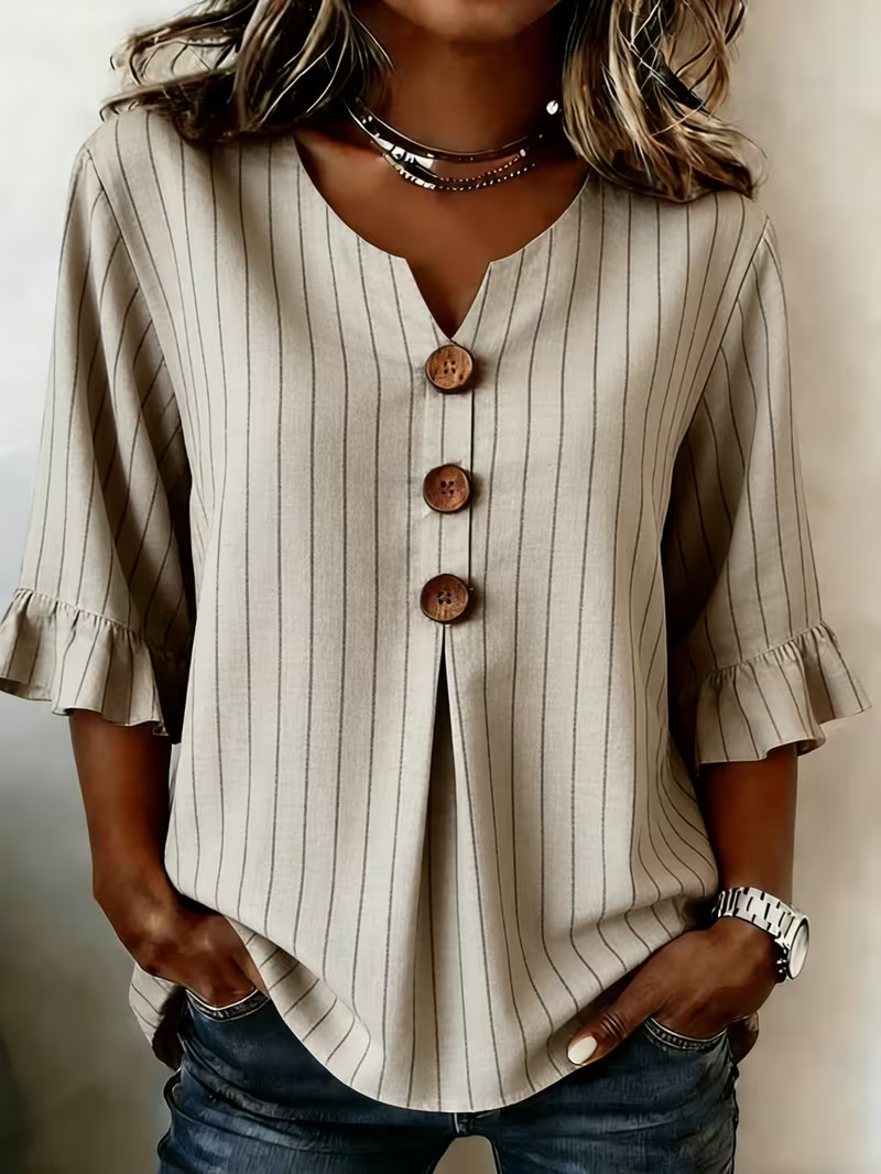 Women's Half Sleeve Blouse Summer Khaki Striped Printing V Neck Daily Going Out Vintage Top