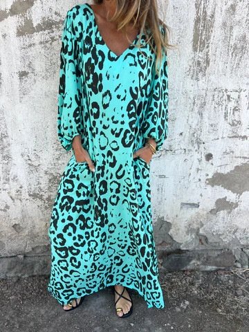 Women's Long Sleeve Spring/Fall Army Green Floral Split Joint V Neck Balloon Sleeve Daily Going Out Vintage Maxi A-Line T-Shirt Dress Dress