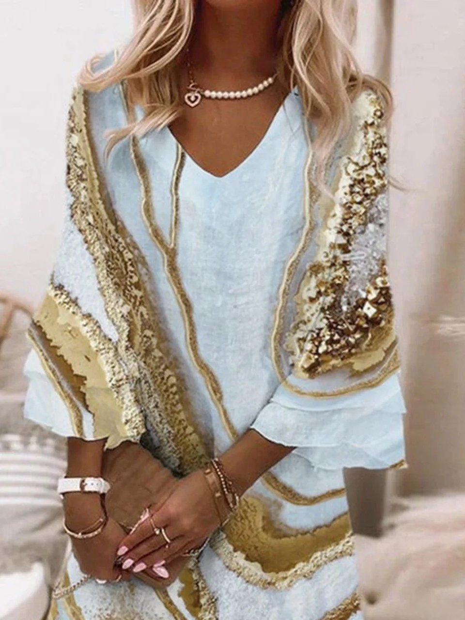 Random Print V Neck Casual Regular Fit Dress With No