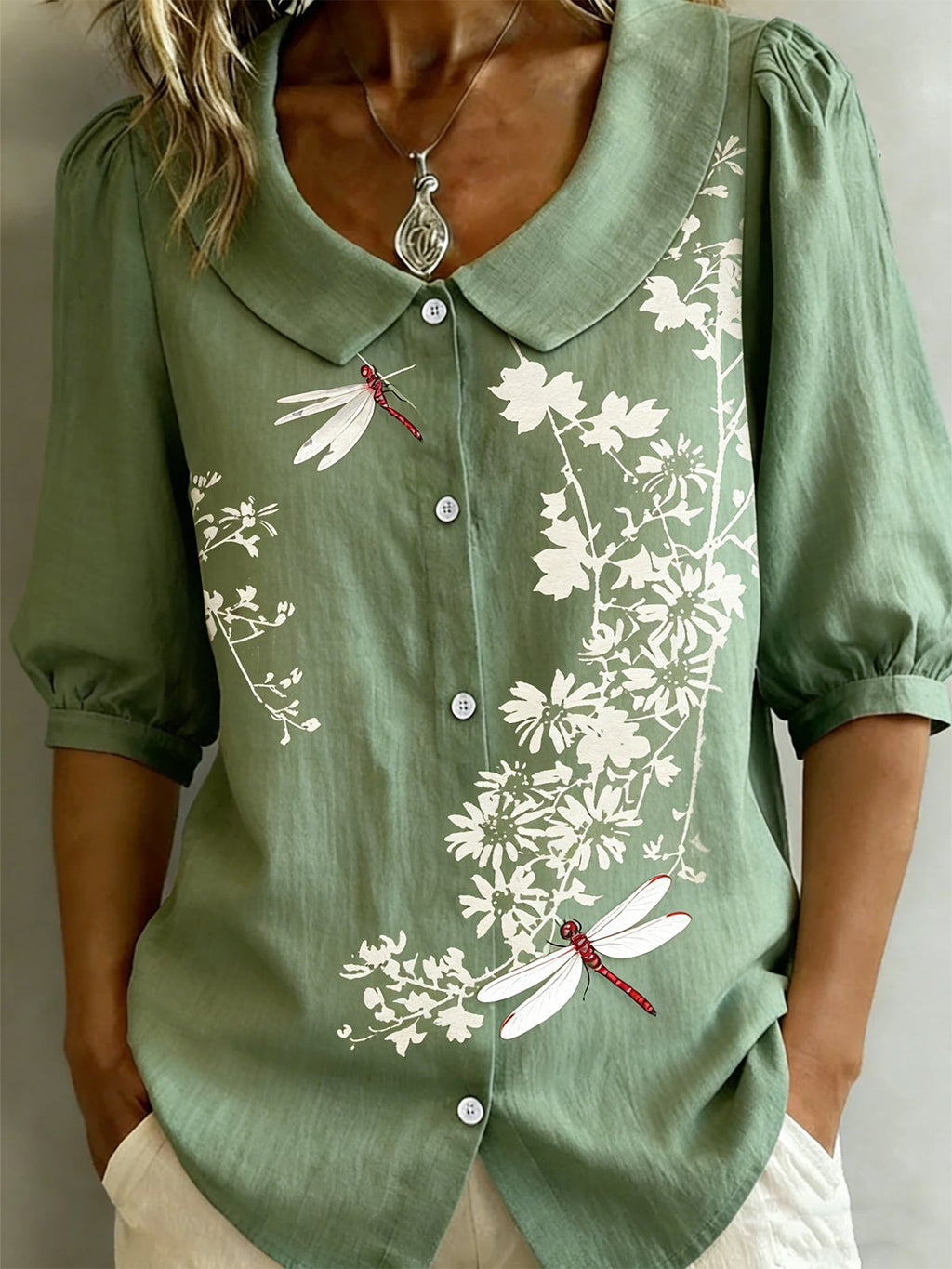 Vintage Dragonfly Linen Blend Shirt