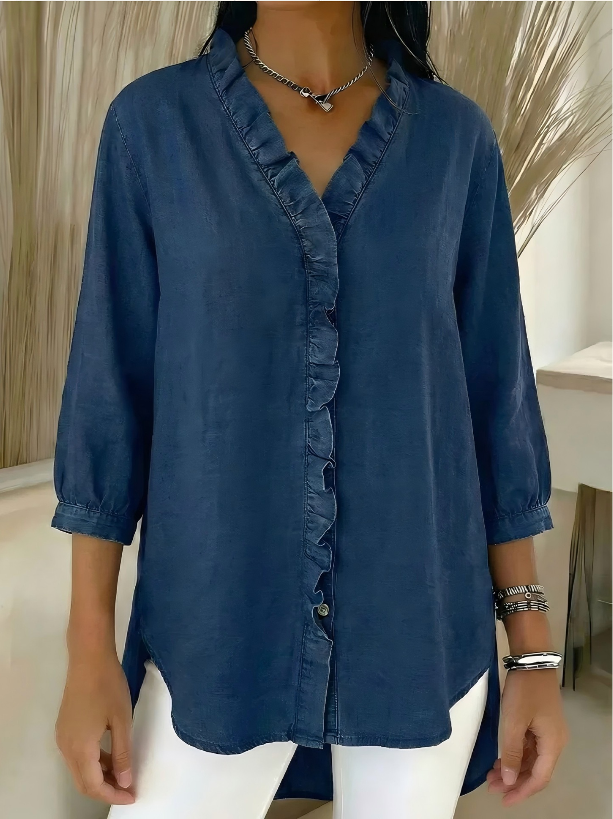 Plain Elegant V Neck Ruffle Denim Blouse