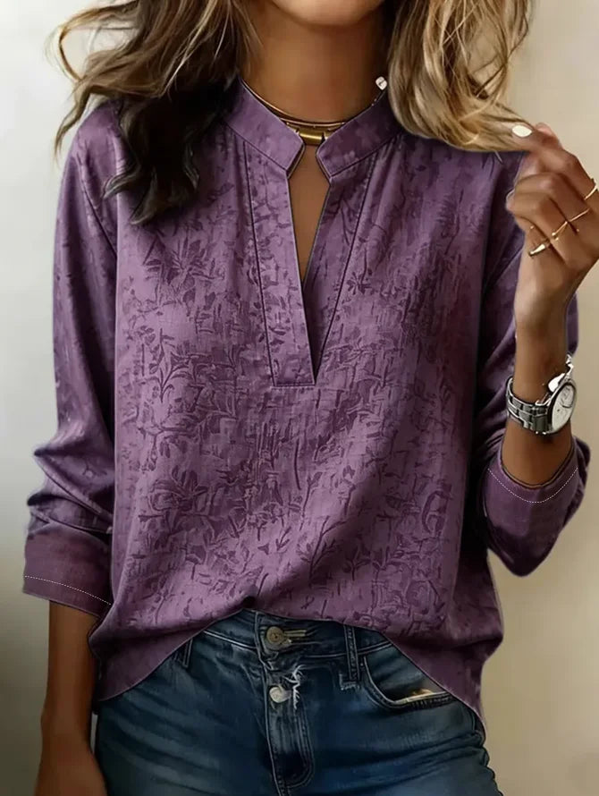 Cotton-Blend Floral Simple V Neck Blouse
