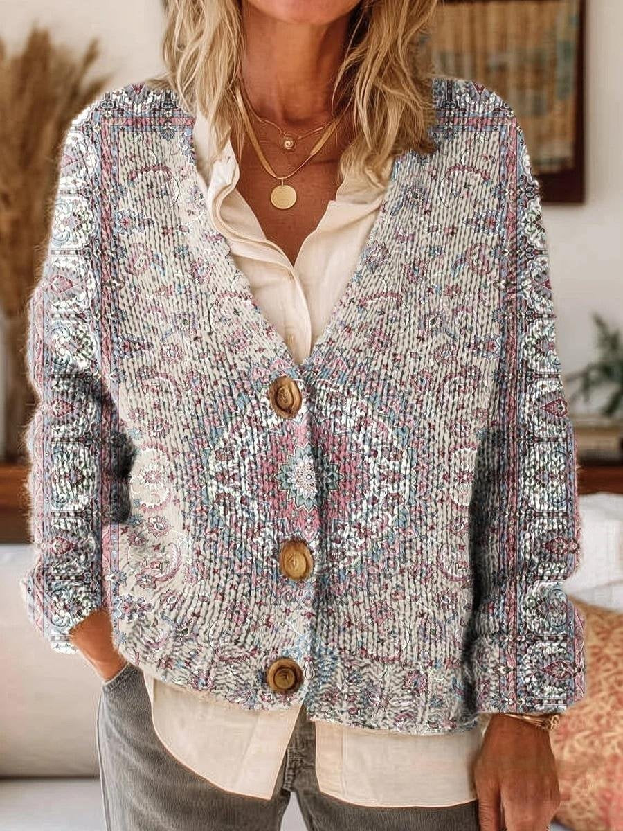 Vintage Tribal Totem Floral Art Print Buttoned V-neck Cardigan Sweater
