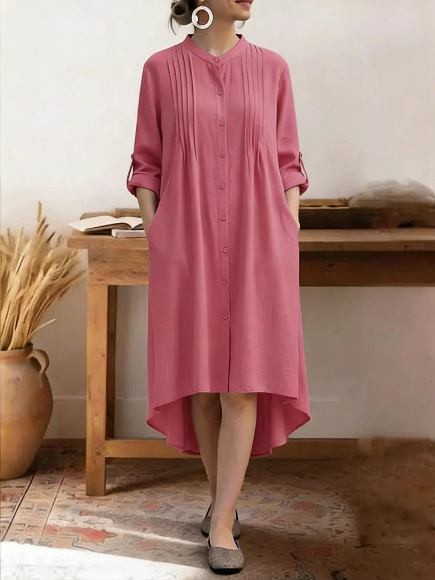 Casual Plain Stand Collar Midi Dress