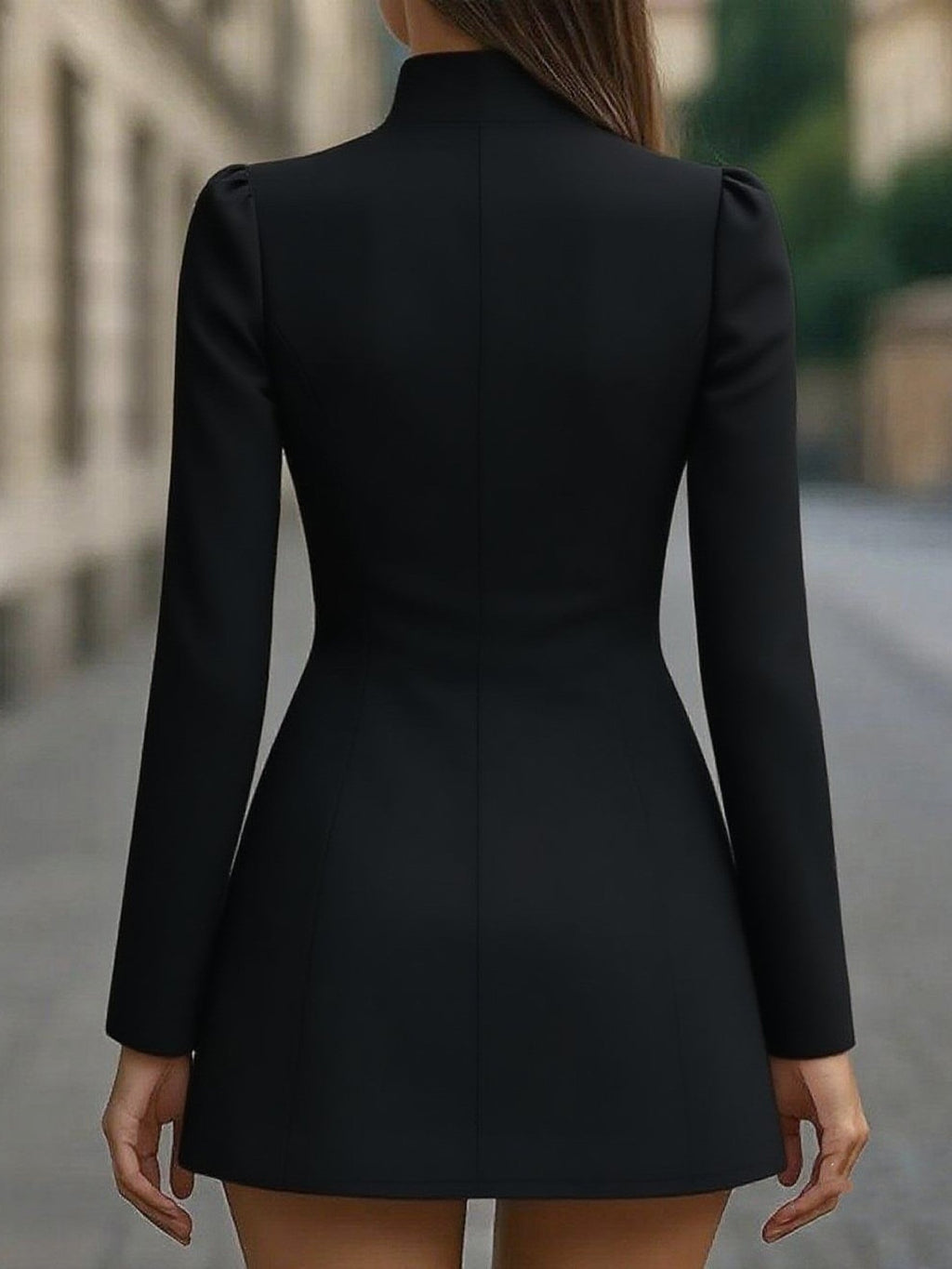 Elegant Plain Long Sleeve Stand Collar Button Dress