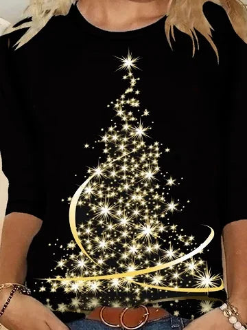 Christmas Tree Print Crew Neck T-shirt Holiday Xmas Jersey Micro-Elasticity Loose Long Sleeve T-shirt