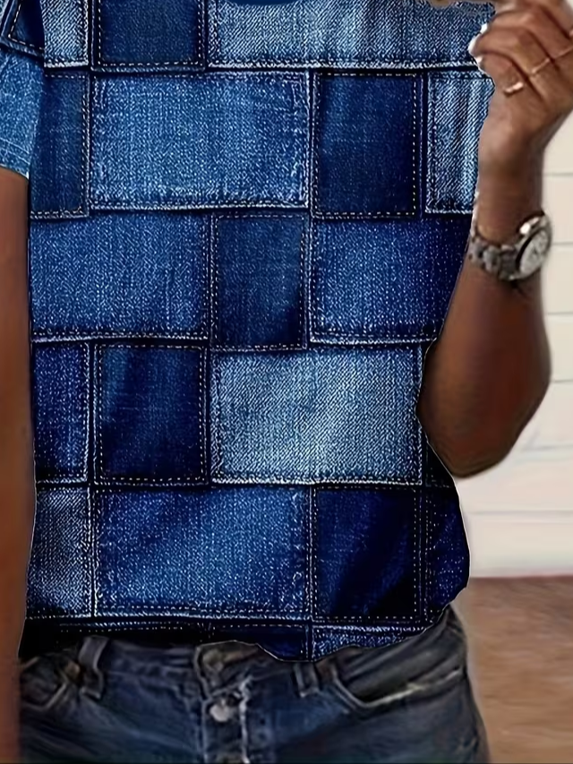 Women's Short Sleeve T-shirt Summer Blue Faux Denim Print Graphic Printing Jersey Crew Neck Daily Going Out Casual Top