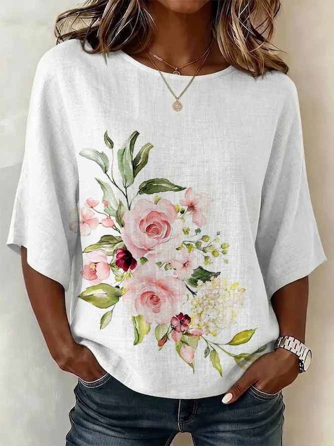 Women's Half Sleeve Blouse Summer White Floral Printing Crew Neck Daily Going Out Vintage Top