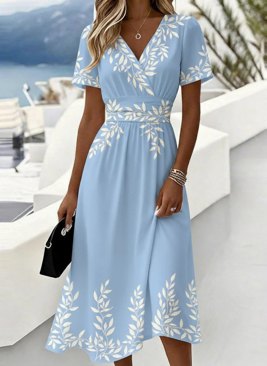 Elegant Regular Fit V Neck Leaf Dress With No