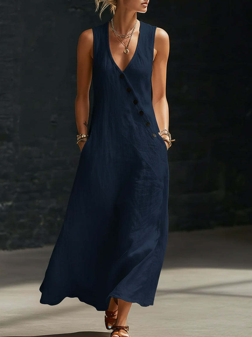 Women Cotton Linen Sleeveless V-Neck Button Vacation Going Out Maxi Dress
