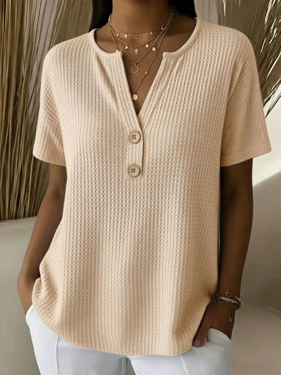 Waffle Plain V Neck Short Sleeve Button Daily Going Out Casual Loose Blouse