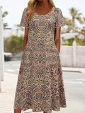 Women's Short Sleeve Summer As Picture Ethnic Printing Crew Neck Daily Going Out Casual Maxi H-Line Shift Dress Dress