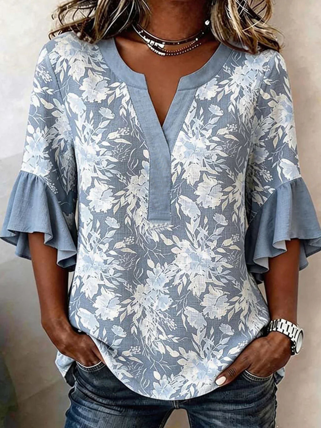 Vintage V Neck Half Sleeve Ruffle Cuff Blue Floral Pattern Casual Loose Blouse