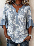 Vintage V Neck Half Sleeve Ruffle Cuff Blue Floral Pattern Casual Loose Blouse