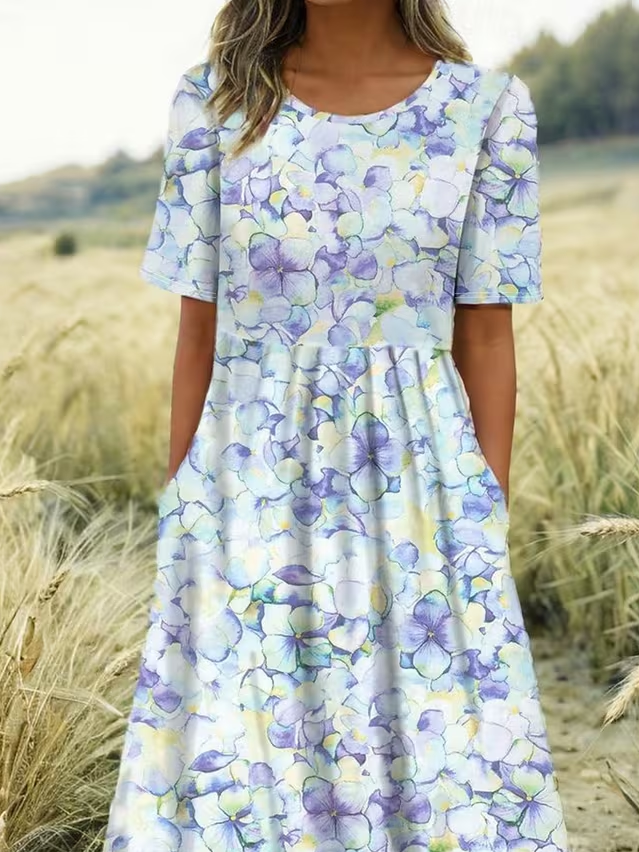 Women's Short Sleeve Summer As Picture Floral Printing Crew Neck Daily Going Out Casual Maxi H-Line Shift Dress Dress