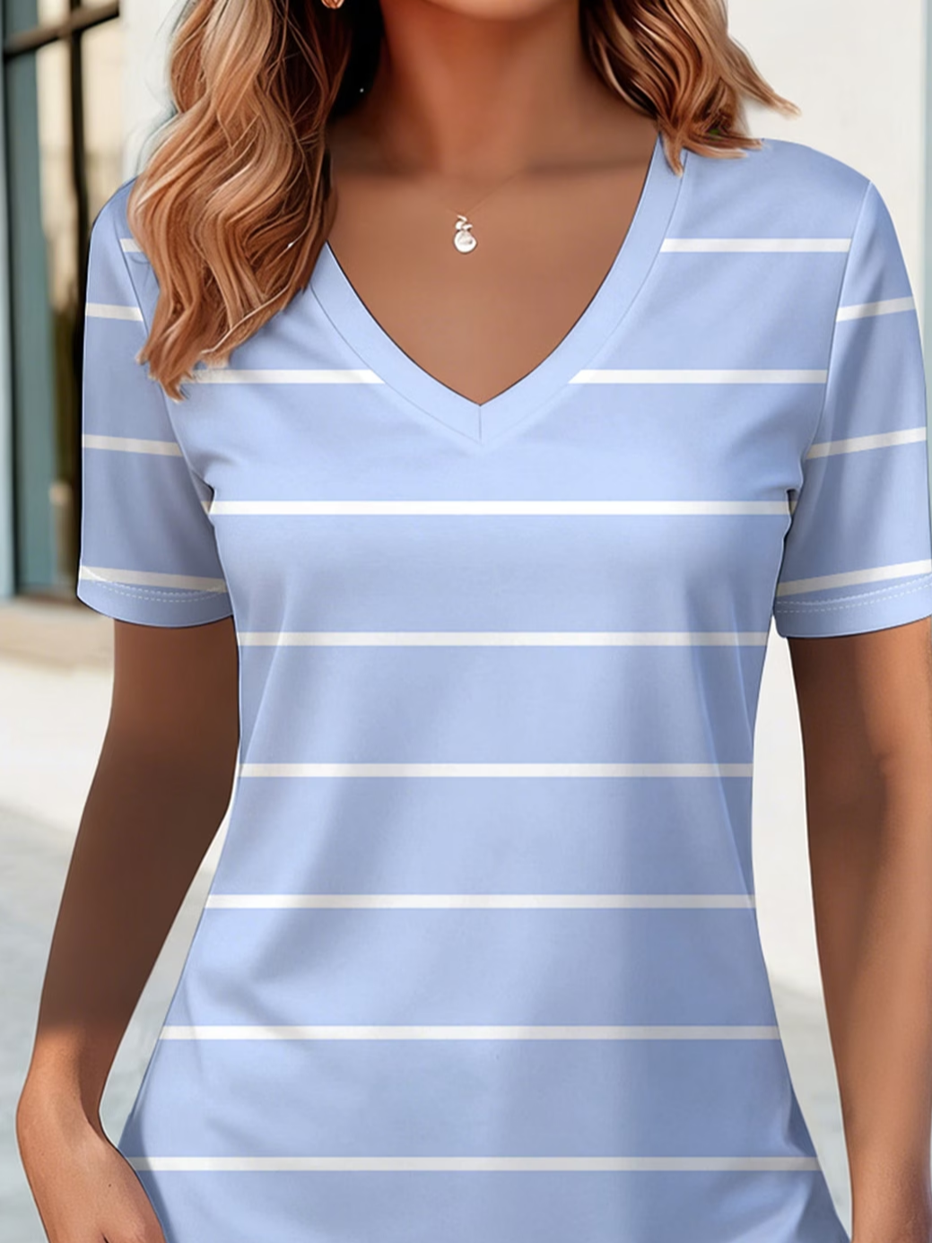 Women's Short Sleeve T-shirt Summer Blue Striped Printing V Neck Holiday Going Out Vintage Top